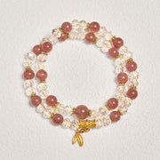 Foviel Natural Strawberry Quartz Crystal Bamboo Positive Double Wrap Bracelet