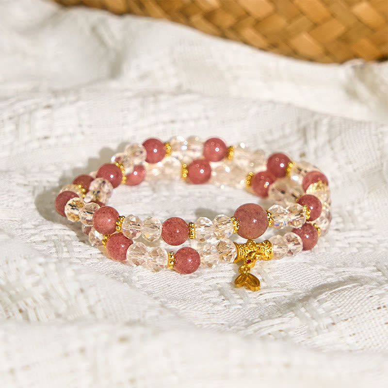 Buddha Stones Natural Strawberry Quartz Crystal Bamboo Positive Double Wrap Bracelet - image 4
