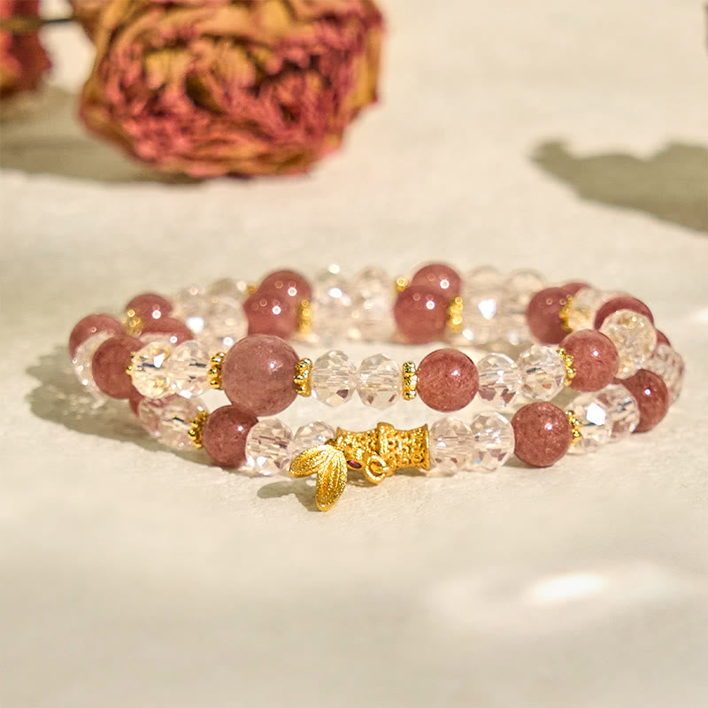 Buddha Stones Natural Strawberry Quartz Crystal Bamboo Positive Double Wrap Bracelet - image 3