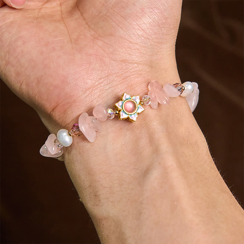 Buddha Stones Natural Gravel Rose Quartz Flower Pearl Healing Bracelet - image 5