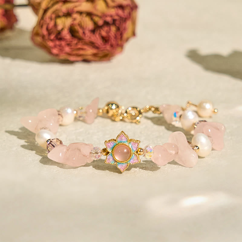 Buddha Stones Natural Gravel Rose Quartz Flower Pearl Healing Bracelet - image 3
