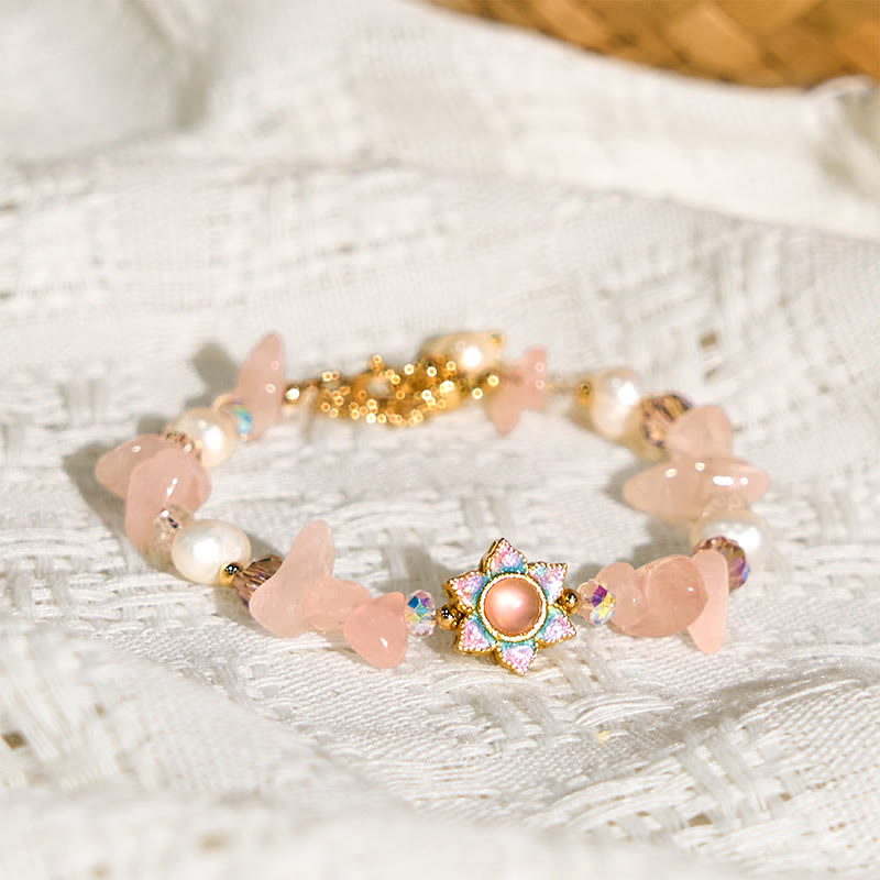 Buddha Stones Natural Gravel Rose Quartz Flower Pearl Healing Bracelet - image 4