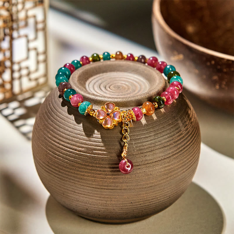 Buddha Stones Tourmaline Four Leaf Clover Flower Love Bracelet - Tourmaline(Wrist Circumference 14-16cm) - image 1