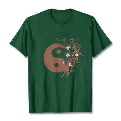 Buddha Stones Yin Yang Bamboo Cherry Blossom Pattern Tee T-shirt - ForestGreen - 2XL - image 9