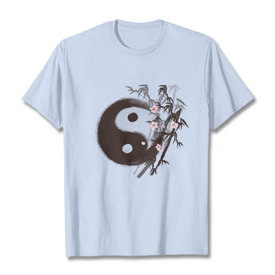 Buddha Stones Yin Yang Bamboo Cherry Blossom Pattern Tee T-shirt - LightCyan - 2XL - image 17