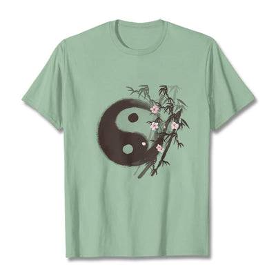 Buddha Stones Yin Yang Bamboo Cherry Blossom Pattern Tee T-shirt - PaleGreen - 2XL - image 13