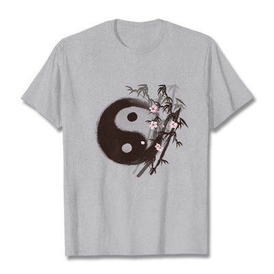 Buddha Stones Yin Yang Bamboo Cherry Blossom Pattern Tee T-shirt - LightGrey - 2XL - image 18