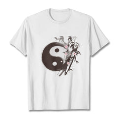 Buddha Stones Yin Yang Bamboo Cherry Blossom Pattern Tee T-shirt - White - 2XL - image 0