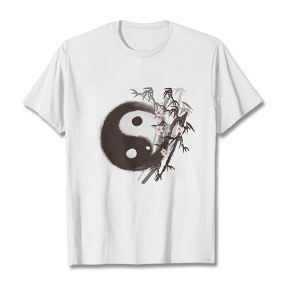 Buddha Stones Yin Yang Bamboo Cherry Blossom Pattern Tee T-shirt - White - 2XL - image 0