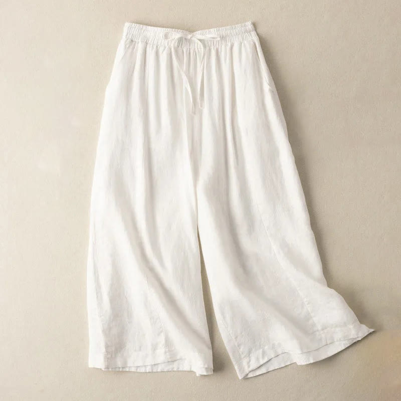 Buddha Stones Plain Color 7-8 Length Capri Cropped Pants Cotton Linen Women's Wide Leg Pants With Pockets - White - US12，UK/AU16，EU44 (3XL) - image 5