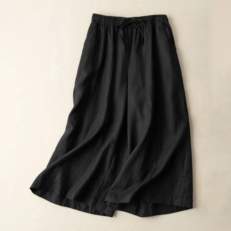 Buddha Stones Plain Color 7-8 Length Capri Cropped Pants Cotton Linen Women's Wide Leg Pants With Pockets - Black - US12，UK/AU16，EU44 (3XL) - image 9