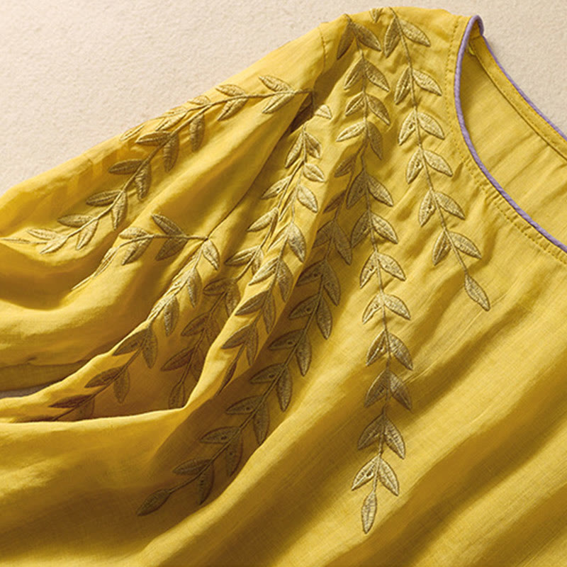 Buddha Stones Embroidery Leaves Women's Cotton Linen Half Sleeve T-shirt - image 3
