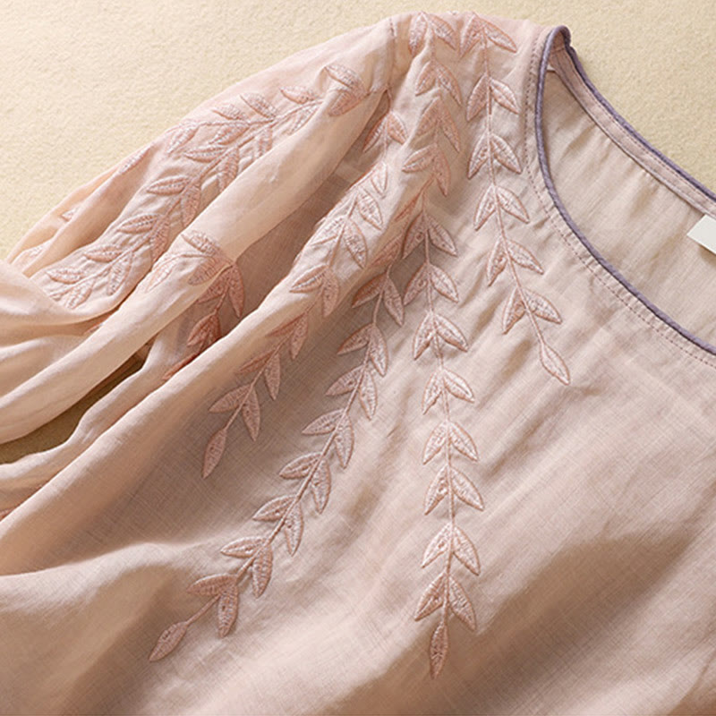 Buddha Stones Embroidery Leaves Women's Cotton Linen Half Sleeve T-shirt - image 14