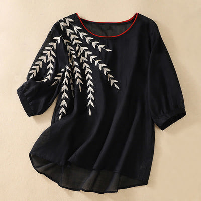 Buddha Stones Embroidery Leaves Women's Cotton Linen Half Sleeve T-shirt - Black - US8-10，UK/AU12-14，EU40-42 (2XL) - image 23