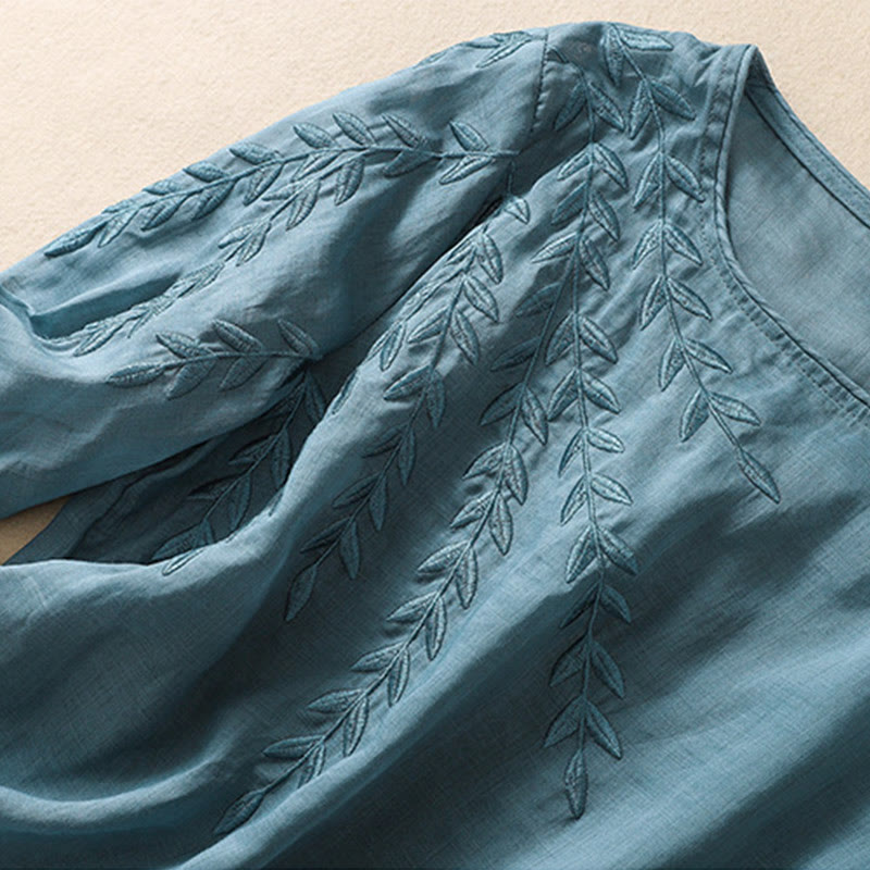 Buddha Stones Embroidery Leaves Women's Cotton Linen Half Sleeve T-shirt - image 35