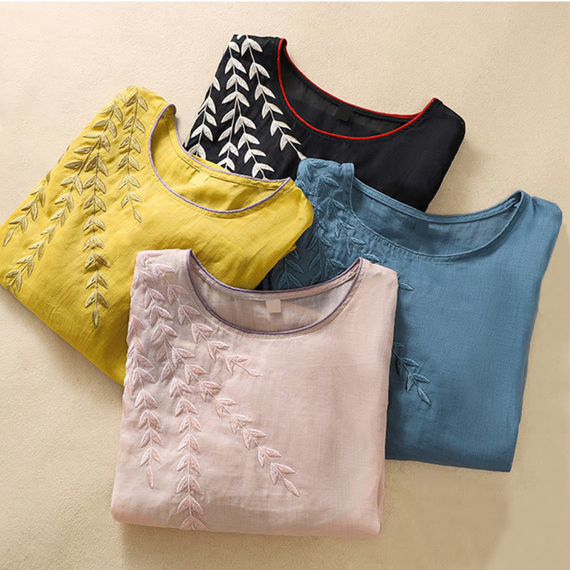 Buddha Stones Embroidery Leaves Women's Cotton Linen Half Sleeve T-shirt - image 38