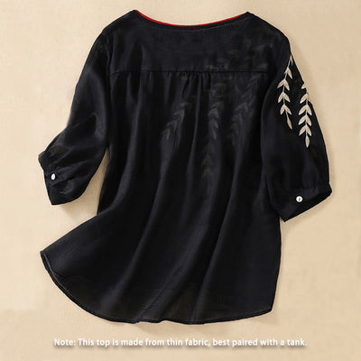 Buddha Stones Embroidery Leaves Women's Cotton Linen Half Sleeve T-shirt - image 24
