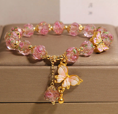 Buddha Stones Butterfly Charm Rose Flower Liuli Bracelet - Pink Liuli(Wrist Circumference: 18cm) - image 8
