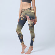 Foviel White Crane White Blossoming Branch Print Gym Leggings Women's Yoga Pants