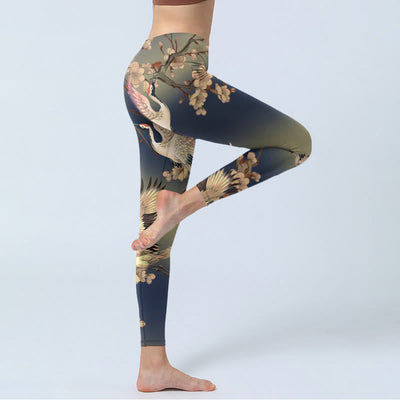 Buddha Stones White Crane White Blossoming Branch Print Gym Leggings Women's Yoga Pants - image 4