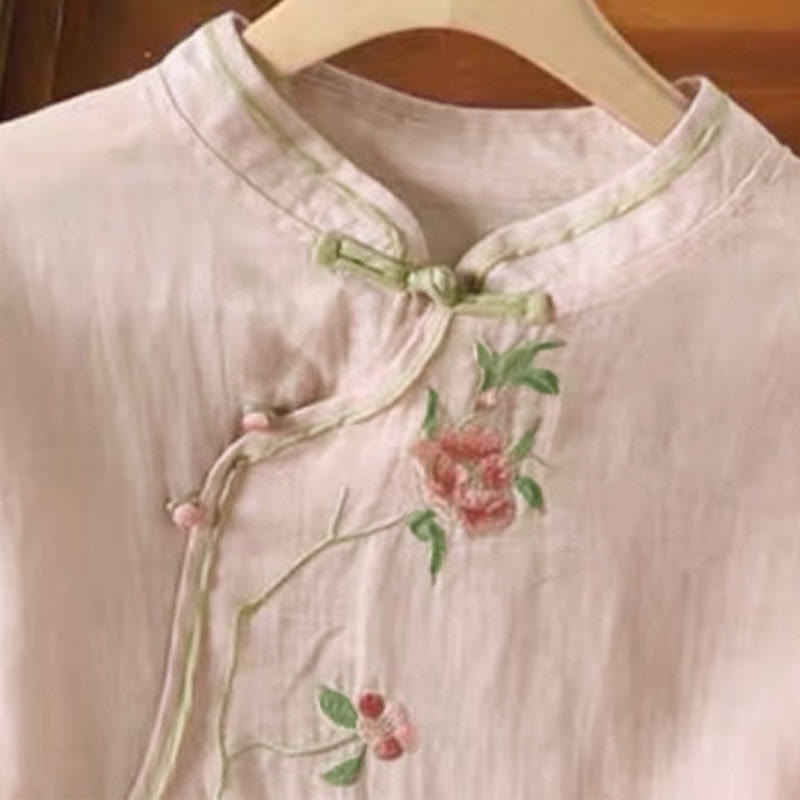 Buddha Stones Casual Vintage Embroidery Flower Pattern Chinese Frog-Button Crew Neck Design Women's Cotton Linen Shirt - image 8