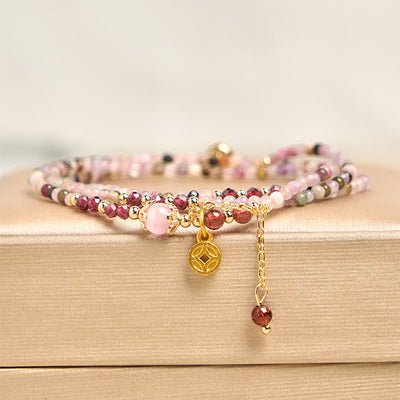 Buddha Stones 2.5 mm Irregular Beads Colored Tourmaline Coin Wisdom Bracelet - Tourmaline(Wrist Circumference: 15-21cm) - image 1