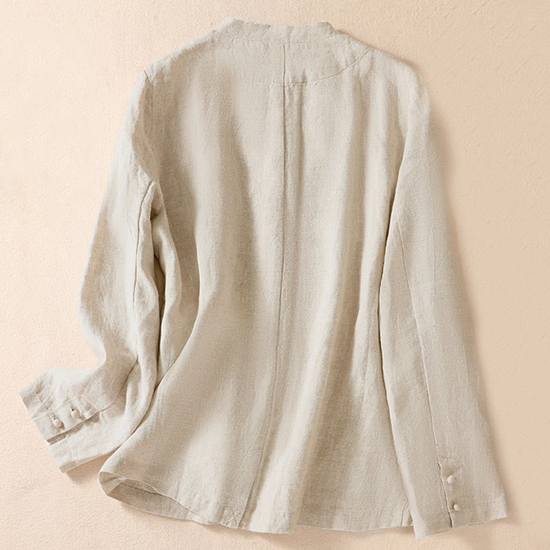 Buddha Stones Women's Cotton Linen Stand Collar Long Sleeve Jacket With Pockets - image 2
