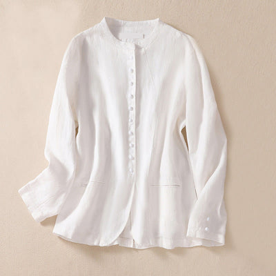 Buddha Stones Women's Cotton Linen Stand Collar Long Sleeve Jacket With Pockets - White - US12，UK/AU16，EU44 (2XL) - image 14