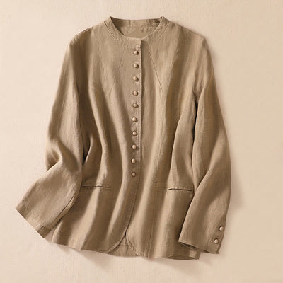 Buddha Stones Women's Cotton Linen Stand Collar Long Sleeve Jacket With Pockets - Tan - US12，UK/AU16，EU44 (2XL) - image 23