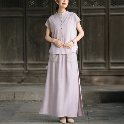 Buddha Stones 2Pcs Buttons Short Sleeve Shirt Top Skirt With Pockets Meditation Cotton Women's Set - image 1
