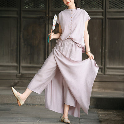 Buddha Stones 2Pcs Buttons Short Sleeve Shirt Top Skirt With Pockets Meditation Cotton Women's Set - LightPink Shirt and RosyBrown Skirt - US8-10，UK/AU12-14，EU40-42 (2XL) - image 0