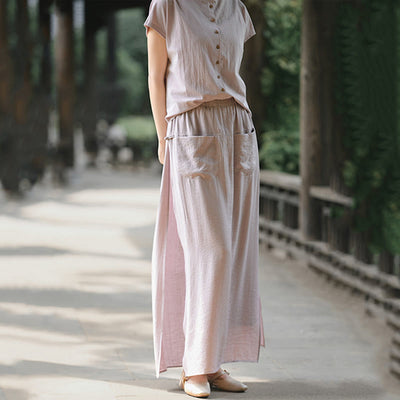 Buddha Stones 2Pcs Buttons Short Sleeve Shirt Top Skirt With Pockets Meditation Cotton Women's Set - image 3