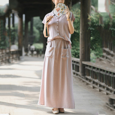 Buddha Stones 2Pcs Buttons Short Sleeve Shirt Top Skirt With Pockets Meditation Cotton Women's Set - image 7