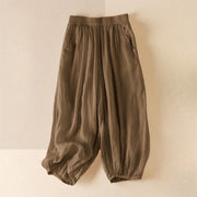 Foviel Sommer Plain Casual Cropped Hose Damen Doppelschicht Baumwolle Leinen Harem Hose mit Taschen