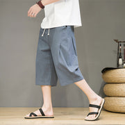 Foviel Casual Summer Drawstring Solid Color Cropped Cotton Linen Men's Harem Pants With Pockets