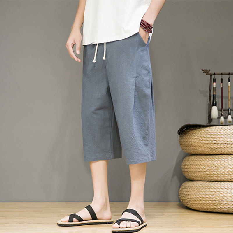Buddha Stones Casual Summer Drawstring Solid Color Cropped Cotton Linen Men's Harem Pants With Pockets - image 4