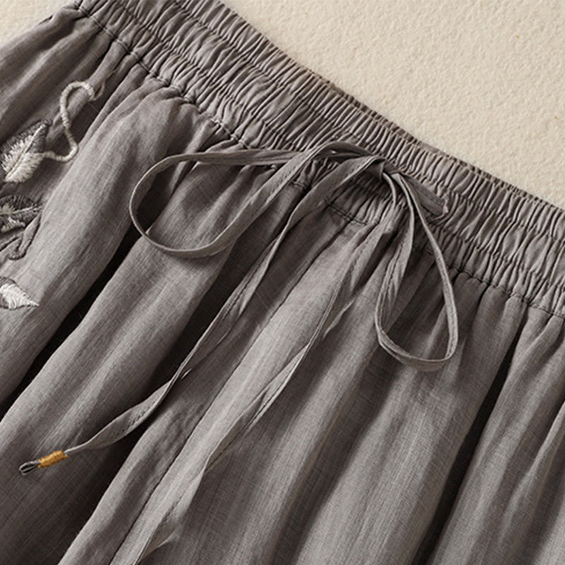 Buddha Stones Commute Embroidery Drawstring Women's Cotton Wide Leg Pants With Pockets - image 45