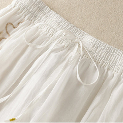 Buddha Stones Commute Embroidery Drawstring Women's Cotton Wide Leg Pants With Pockets - image 29