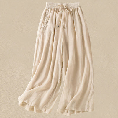Buddha Stones Commute Embroidery Drawstring Women's Cotton Wide Leg Pants With Pockets - Beige - US8-10，UK/AU12-14，EU40-42 (2XL) - image 8