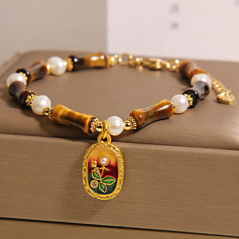 Bracelet de force Foviel en perles naturelles de bambou et œil de tigre
