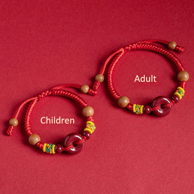 Bracelet de protection Foviel en fil rouge, bois de pêcher, boucle de paix et cinabre pour adulte et enfant