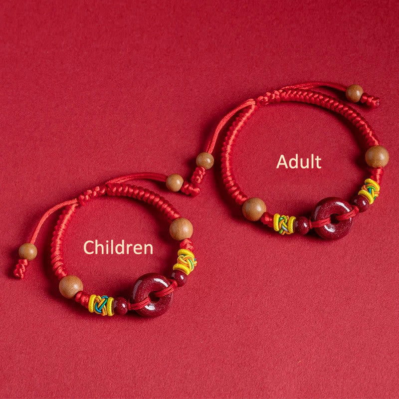 Bracelet de protection Foviel en fil rouge, bois de pêcher, boucle de paix et cinabre pour adulte et enfant