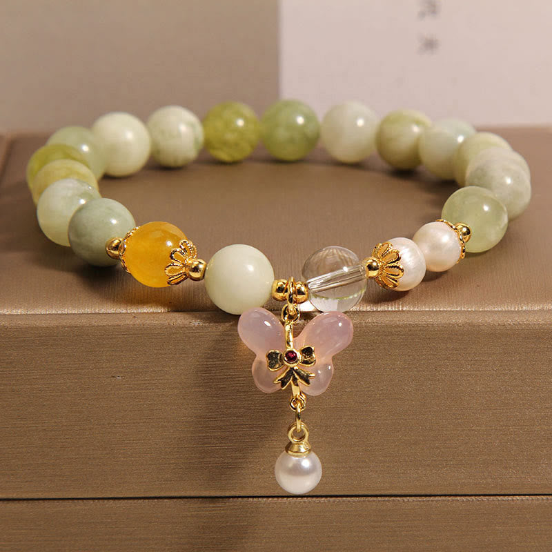 Buddha Stones Natural Butterfly Serpentine Jade Yanyuan Agate Luck Bracelet - Serpentine Jade(Wrist Circumference: 16-18cm) - image 1