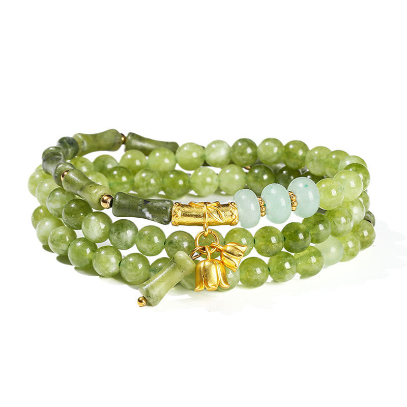 Foviel Retro Multilayer Lily of the Valley Bamboo Green Chalcedony Strength Bracelet