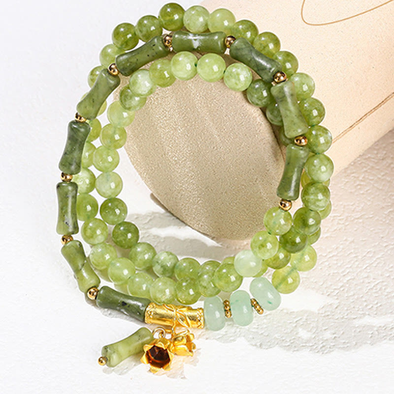 Foviel Retro Multilayer Lily of the Valley Bamboo Green Chalcedony Strength Bracelet