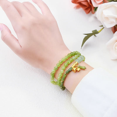 Foviel Retro Multilayer Lily of the Valley Bamboo Green Chalcedony Strength Bracelet