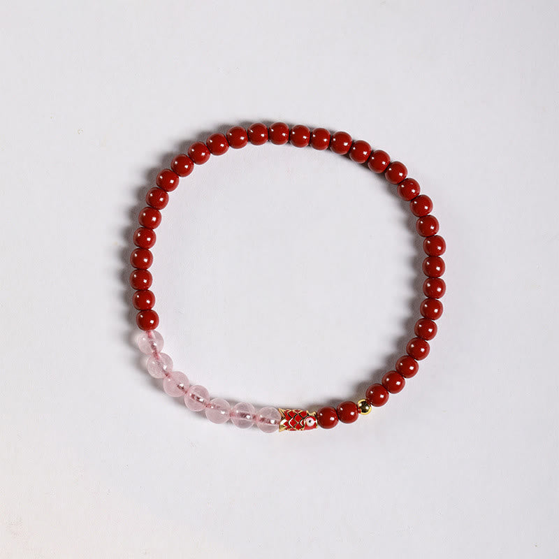 Buddha Stones Natural Cinnabar Pink Crystal Strawberry Quartz Lucky Koi Fish Blessing Bracelet - Cinnabar-4mm & Pink Crystal & Small Koi - image 12