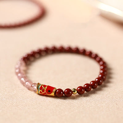 Buddha Stones Natural Cinnabar Pink Crystal Strawberry Quartz Lucky Koi Fish Blessing Bracelet - image 4