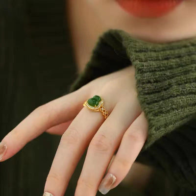 Buddha Stones Vintage Gourd Green Chalcedony Copper Plated Gold Adjustable Wealth Ring - image 15