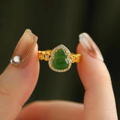 Buddha Stones Vintage Gourd Green Chalcedony Copper Plated Gold Adjustable Wealth Ring - image 11